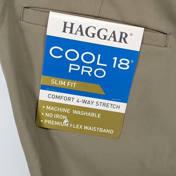 Haggar Mens Cool 18 Pro Comfort Waistband Slim Fit Flat Front Pant Beige 34 x 29 - Picture 4 of 5